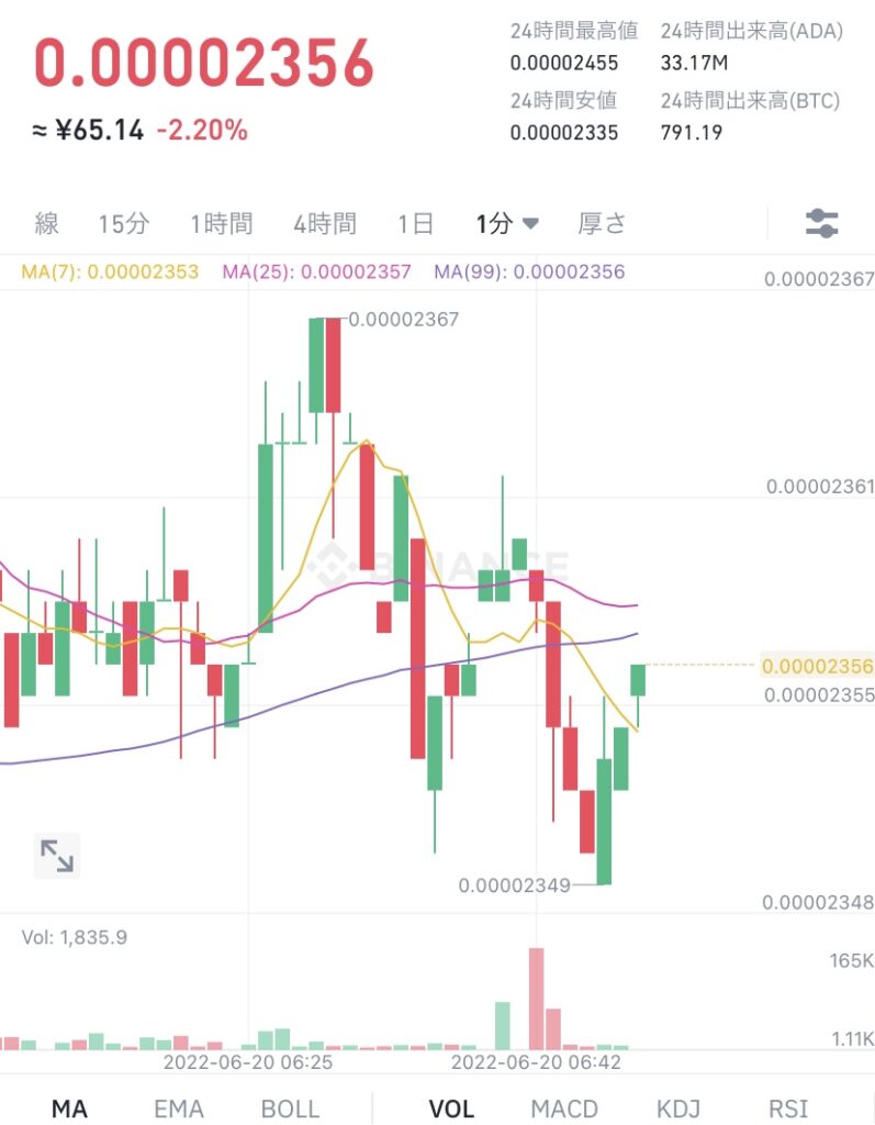 令和4年6月20日 ADA (エイダ)コイン ビットコイン建